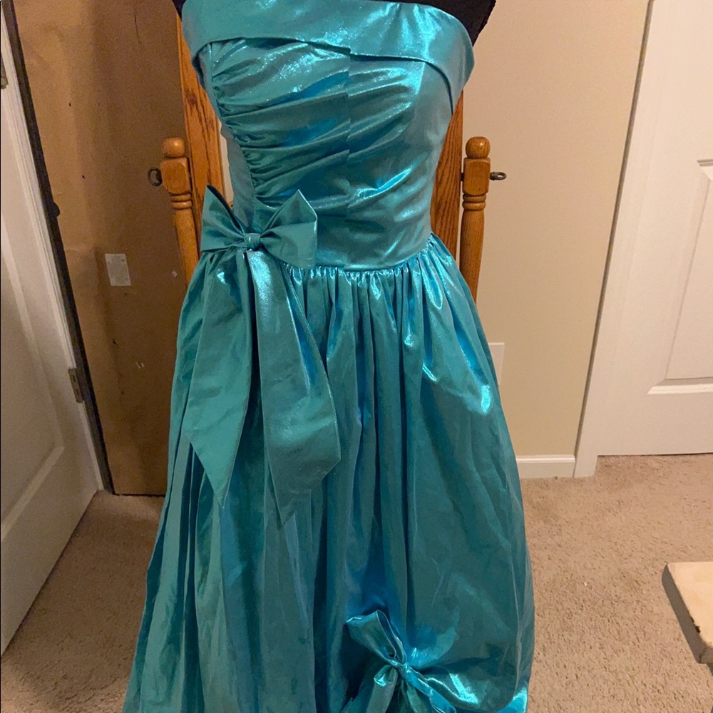 Vintage 80s prom, cocktail, formal dress. Aqua blue metallic with bows.